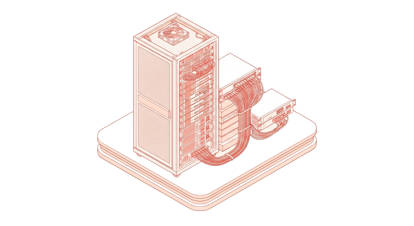 Ilustrasi rak server dan perangkat jaringan
